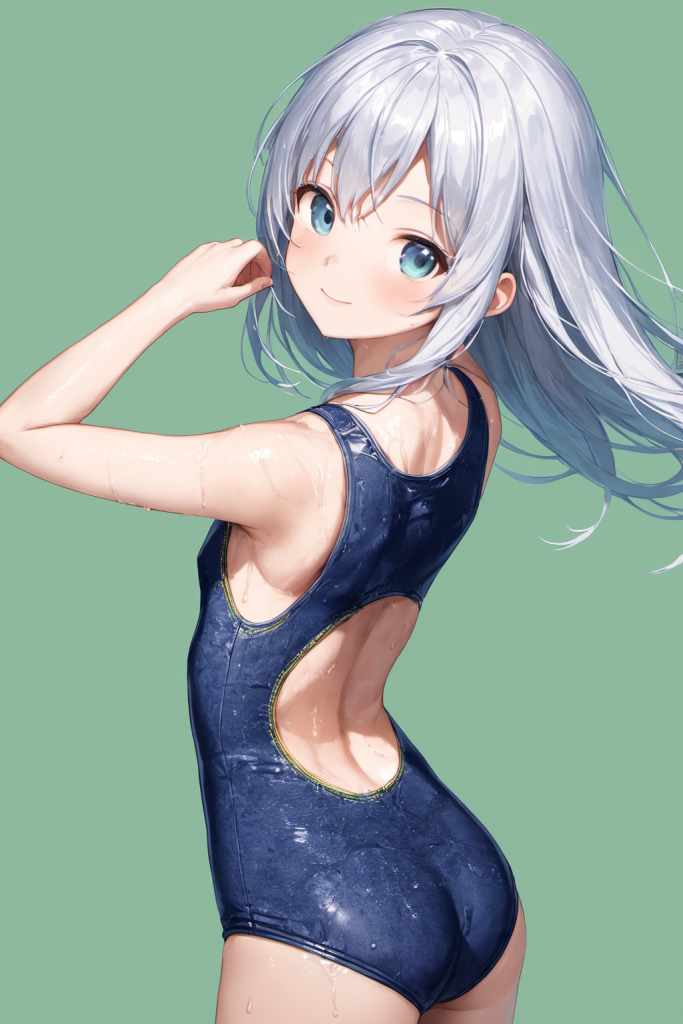 AIイラストで描かれた、デニム風スクール水着の前後全身像（わずかに斜めを向いたポーズ）。同じプロンプトによる形状再現のバリエーション。スクール水着のデザイン例。