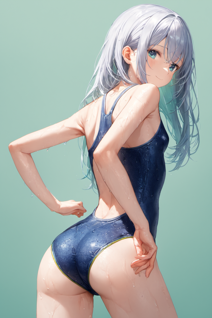 AIイラストで描かれた、後ろ姿のフリルが可愛いデニム風スクール水着（魅力的なプールサイドのポーズ）。スクール水着デザインの形状再現を目的とした技術資料。