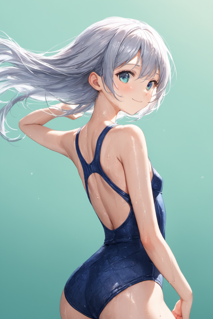 AIイラストによるデニム風テクスチャスクール水着の前後全身像（日差しの強いプールサイドの光の演出）。スクール水着デザインのプロンプト検証資料。魅力的なスポーツコーデ。