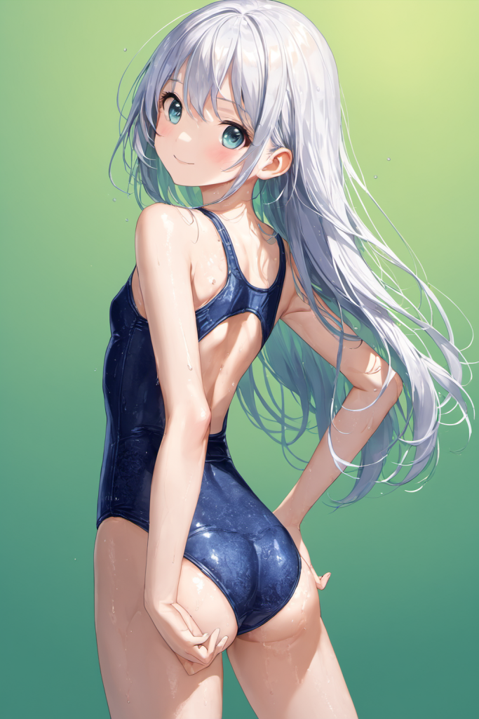 AIイラストで描かれた、後ろ姿も可愛いデニム風テクスチャのスクール水着（前後全身像）。魅力的なスクール水着プロンプトの構成案を紹介する技術資料。下部のラベルがデザインアーカイブであることを示している。