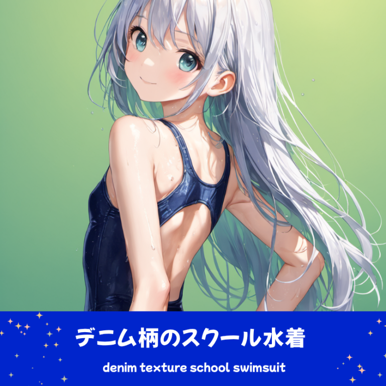 ミントグリーンの背景で振り返る、銀髪の「さみさん」。デニム生地の質感を再現した、ステッチ入りのネイビーのスクール水着を着用したAIイラスト。下部のプロンプトラベルがデザインアーカイブであることを示している。