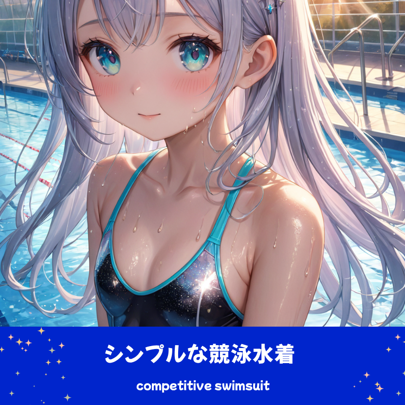 AIイラストで描かれた、機能美溢れる競泳水着の前後全身像（わずかに斜めを向いたポーズ）。同じプロンプトによる形状再現のバリエーション。スポーツウェアのデザインアーカイブ。