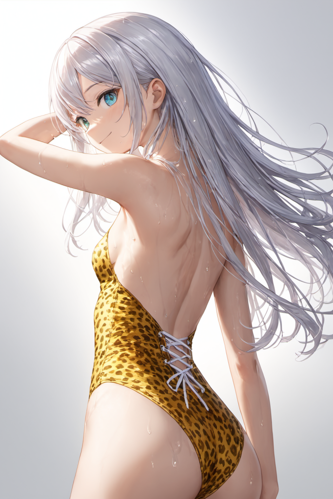 AIイラストで描かれた、後ろ姿のカットが印象的なレオパード（ヒョウ）柄のワンピース水着（前後全身像）。魅力的な水着プロンプトの構成案を紹介する技術資料。下部のラベルがデザインアーカイブであることを示している。