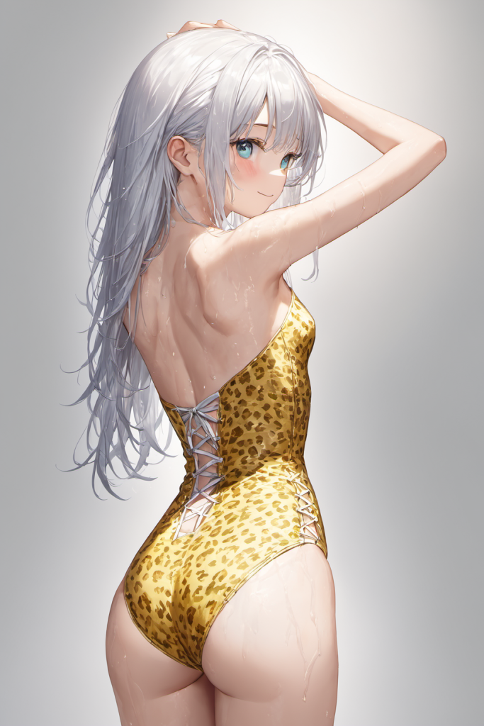 AIイラストで描かれた、レオパード柄ワンピース水着の前後全身像（わずかに斜めを向いたポーズ）。同じプロンプトによる形状再現のバリエーション。ビーチファッションのデザイン例。