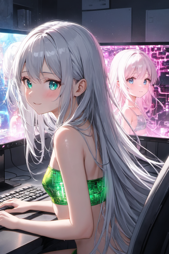 多数のモニターを背景に、エメラルドグリーンの回路基板柄と「SAMI」のロゴがデザインされたバンドゥビキニを着用した銀髪ポニーテールの「さみさん」。