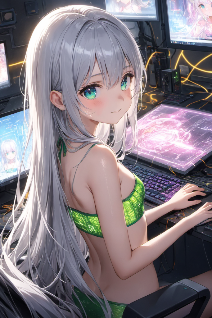 多数のモニターを背景に、エメラルドグリーンの回路基板柄と「SAMI」のロゴがデザインされたバンドゥビキニを着用した銀髪ポニーテールの「さみさん」。