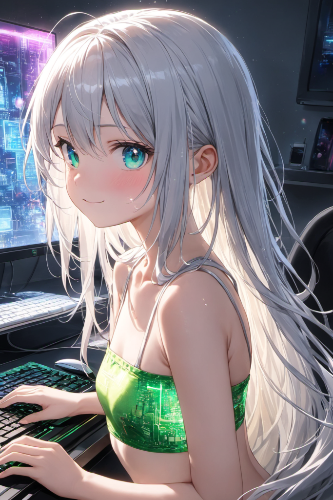 多数のモニターを背景に、エメラルドグリーンの回路基板柄と「SAMI」のロゴがデザインされたバンドゥビキニを着用した銀髪ポニーテールの「さみさん」。