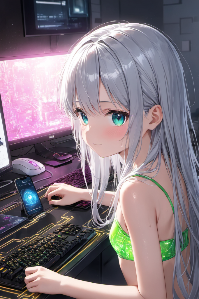 多数のモニターを背景に、エメラルドグリーンの回路基板柄と「SAMI」のロゴがデザインされたバンドゥビキニを着用した銀髪ポニーテールの「さみさん」。