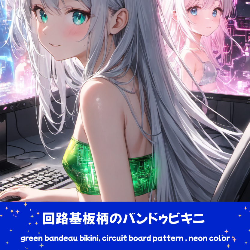 多数のモニターを背景に、エメラルドグリーンの回路基板柄と「SAMI」のロゴがデザインされたバンドゥビキニを着用した銀髪ポニーテールの「さみさん」。下部のプロンプトラベルがデザインアーカイブであることを示している。