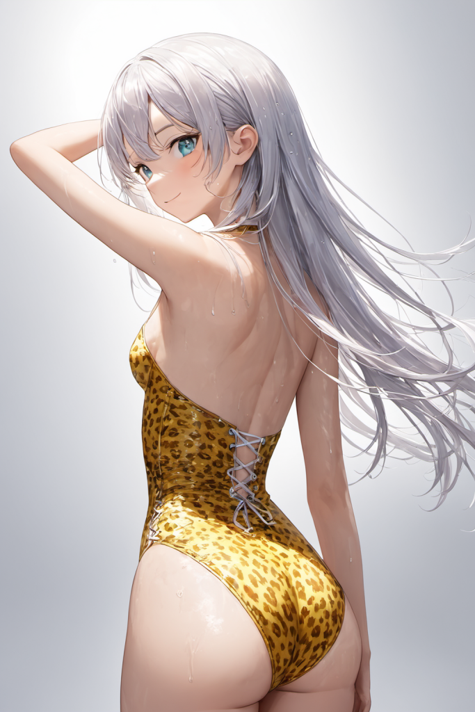 AIイラストで描かれた、ヒョウ柄が可愛いリゾートに映えるバッククロスワンピース水着（魅力的なビーチポーズ）。ビーチファッションデザインの形状再現を目的とした技術資料。