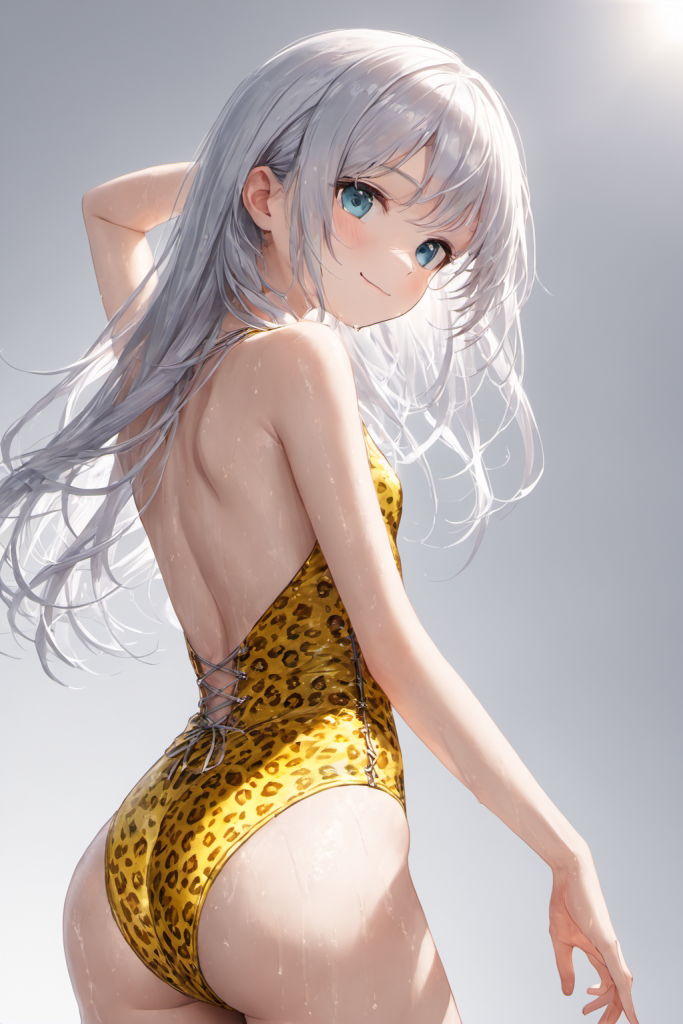 AIイラストによるレオパード柄ワンピース水着の前後全身像（日差しが強いビーチの光の演出）。水着デザインのプロンプト検証資料。魅力的なビーチコーデ。