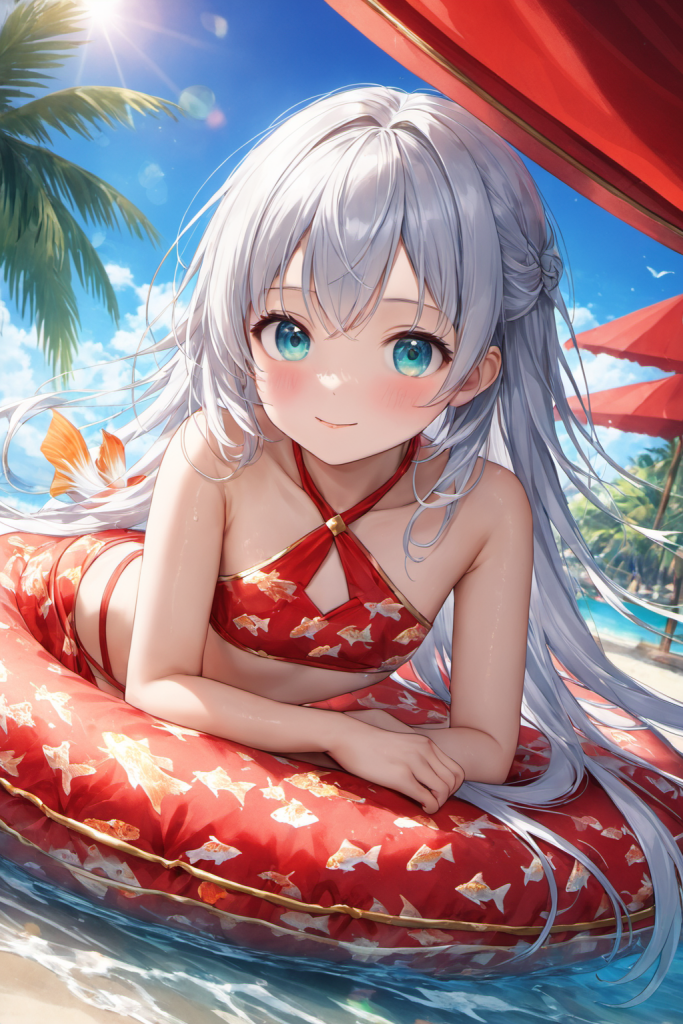 南国のビーチで、和柄の赤地に金魚がデザインされたクロスホルタービキニを着用して微笑む銀髪ロングヘアの「さみさん」。和モダンな最新AIイラスト。