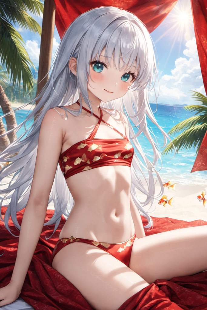 南国のビーチで、和柄の赤地に金魚がデザインされたクロスホルタービキニを着用して微笑む銀髪ロングヘアの「さみさん」。和モダンな最新AIイラスト。