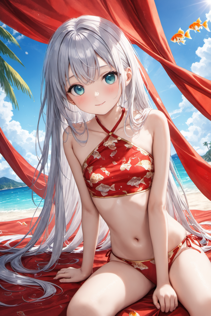 南国のビーチで、和柄の赤地に金魚がデザインされたクロスホルタービキニを着用して微笑む銀髪ロングヘアの「さみさん」。和モダンな最新AIイラスト。