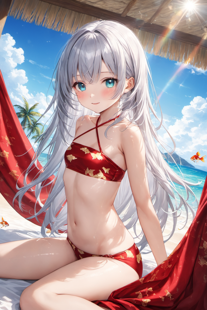 南国のビーチで、和柄の赤地に金魚がデザインされたクロスホルタービキニを着用して微笑む銀髪ロングヘアの「さみさん」。和モダンな最新AIイラスト。