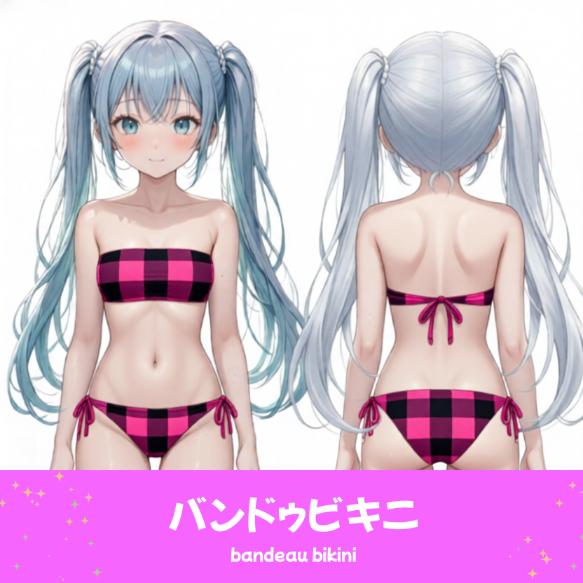 AIイラストで描かれた、可愛いピンクと黒のギンガムチェック柄のバンドゥビキニ（水着）。魅力的なビーチファッションのプロンプト構成案を紹介する技術資料。下部のラベルに水着の名称とプロンプトを表示しデザインアーカイブであることを示している。
