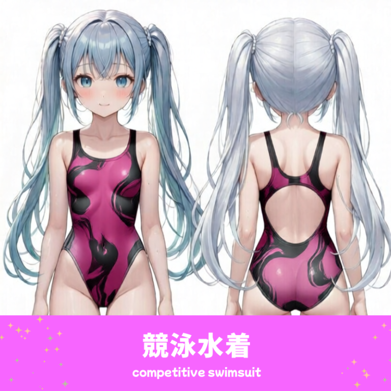 AIイラストで描かれた、可愛いピンクと黒のマーブル柄の競泳水着。魅力的なプールファッションのプロンプト構成案を紹介する技術資料。下部のラベルに水着の名称とプロンプトを表示しデザインアーカイブであることを示している。
