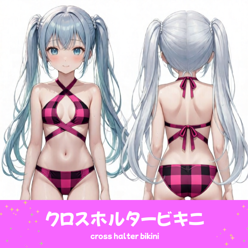 AIイラストで描かれた、可愛いピンクと黒のギンガムチェック柄のクロスホルタービキニ（水着）。魅力的なビーチファッションのプロンプト構成案を紹介する技術資料。下部のラベルに水着の名称とプロンプトを表示しデザインアーカイブであることを示している。