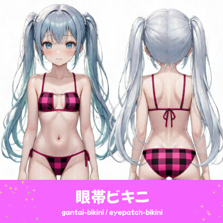 AIイラストで描かれた、可愛いピンクと黒のギンガムチェック柄の眼帯ビキニ（水着）。魅力的なビーチファッションのプロンプト構成案を紹介する技術資料。下部のラベルに水着の名称とプロンプトを表示しデザインアーカイブであることを示している。