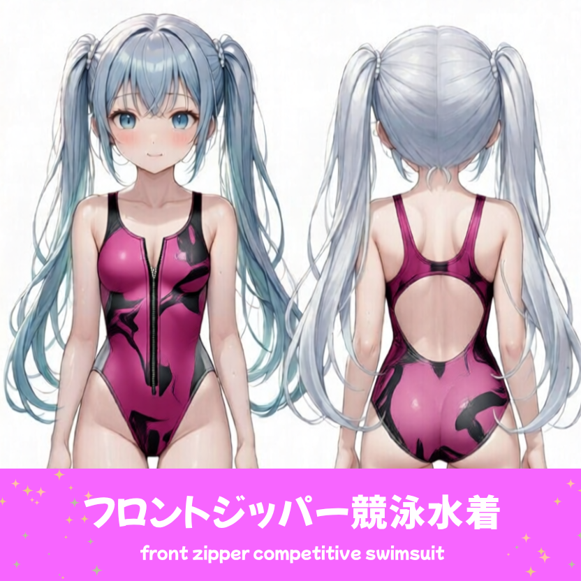 AIイラストで描かれた、可愛いピンクと黒のマーブル柄のフロントジッパー競泳水着。魅力的なプールファッションのプロンプト構成案を紹介する技術資料。下部のラベルに水着の名称とプロンプトを表示しデザインアーカイブであることを示している。