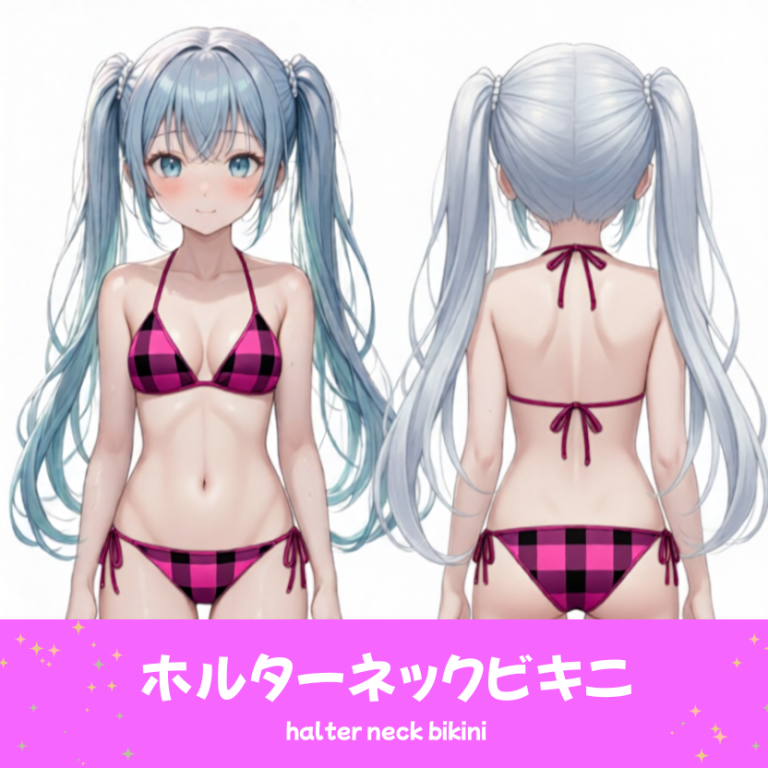 AIイラストで描かれた、可愛いピンクと黒のギンガムチェック柄のホルターネックビキニ（水着）。魅力的なビーチファッションのプロンプト構成案を紹介する技術資料。下部のラベルに水着の名称とプロンプトを表示しデザインアーカイブであることを示している。