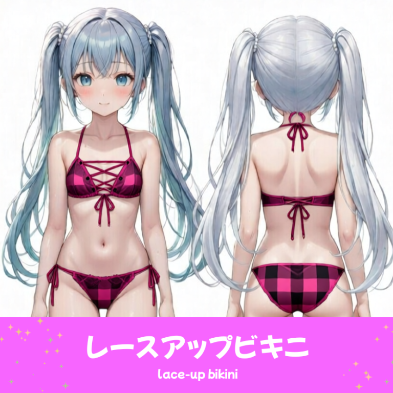 AIイラストで描かれた、可愛いピンクと黒のギンガムチェック柄のレースアップビキニ（水着）。魅力的なビーチファッションのプロンプト構成案を紹介する技術資料。下部のラベルに水着の名称とプロンプトを表示しデザインアーカイブであることを示している。