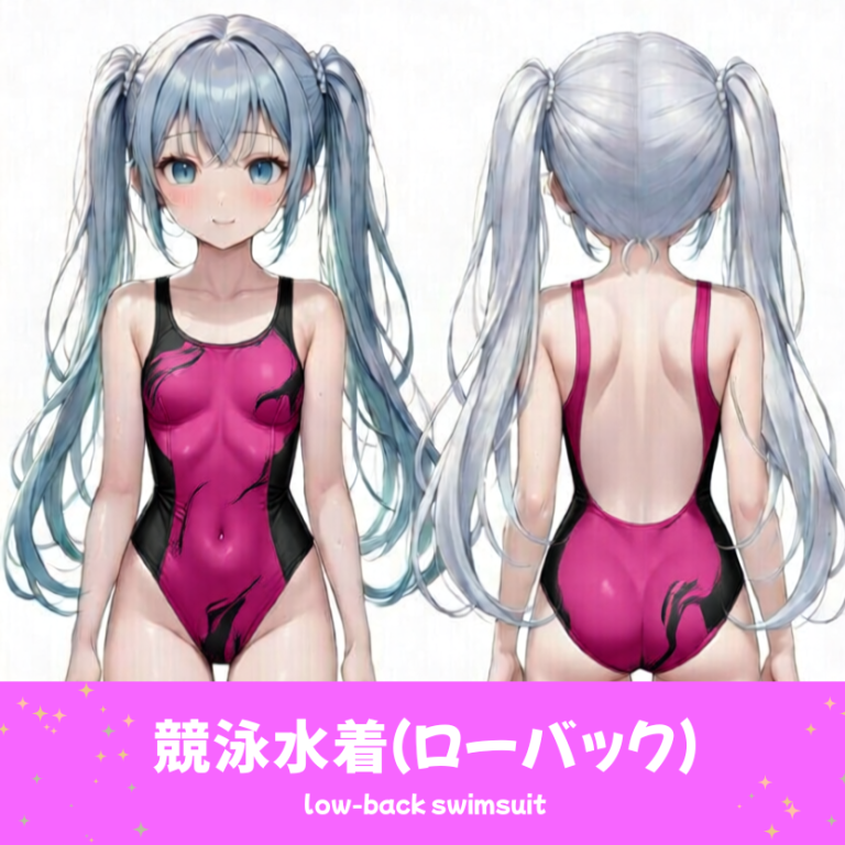 AIイラストで描かれた、可愛いピンクと黒のマーブル柄のローバック競泳水着。魅力的なプールファッションのプロンプト構成案を紹介する技術資料。下部のラベルに水着の名称とプロンプトを表示しデザインアーカイブであることを示している。