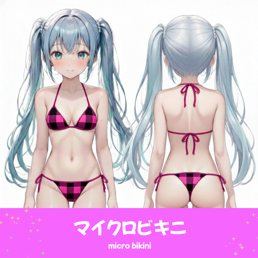 AIイラストで描かれた、可愛いピンクと黒のギンガムチェック柄のマイクロビキニ（水着）。魅力的なビーチファッションのプロンプト構成案を紹介する技術資料。下部のラベルに水着の名称とプロンプトを表示しデザインアーカイブであることを示している。