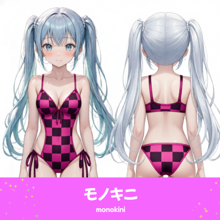 AIイラストで描かれた、可愛いピンクと黒のギンガムチェック柄のモノキニ（水着）。魅力的なビーチファッションのプロンプト構成案を紹介する技術資料。下部のラベルに水着の名称とプロンプトを表示しデザインアーカイブであることを示している。