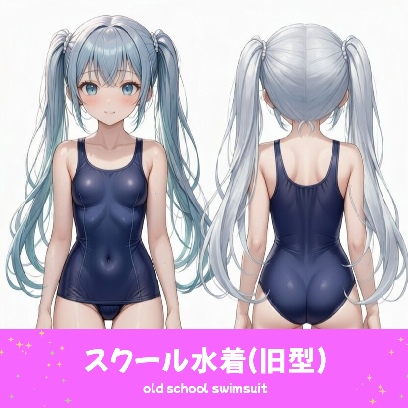 AIイラストで描かれた、シンプルな旧型スク水。魅力的なプールファッションのプロンプト構成案を紹介する技術資料。下部のラベルに水着の名称とプロンプトを表示しデザインアーカイブであることを示している。