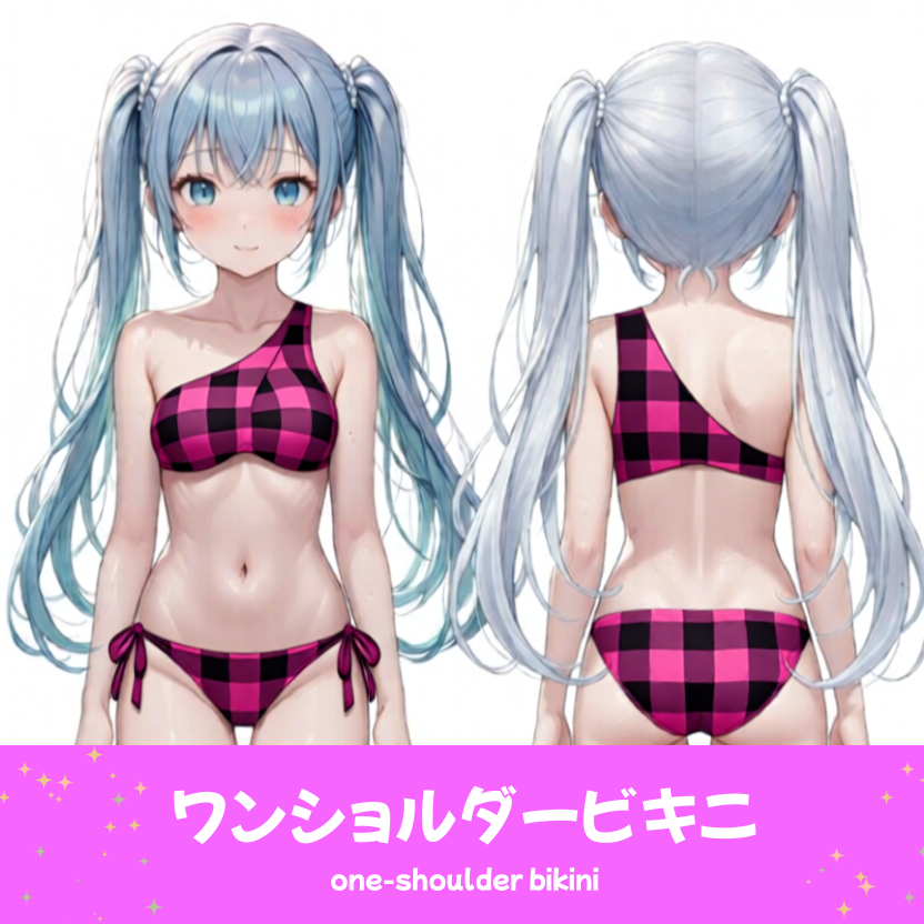 AIイラストで描かれた、可愛いピンクと黒のギンガムチェック柄のワンショルダービキニ。魅力的なビーチファッションのプロンプト構成案を紹介する技術資料。下部のラベルに水着の名称とプロンプトを表示しデザインアーカイブであることを示している。