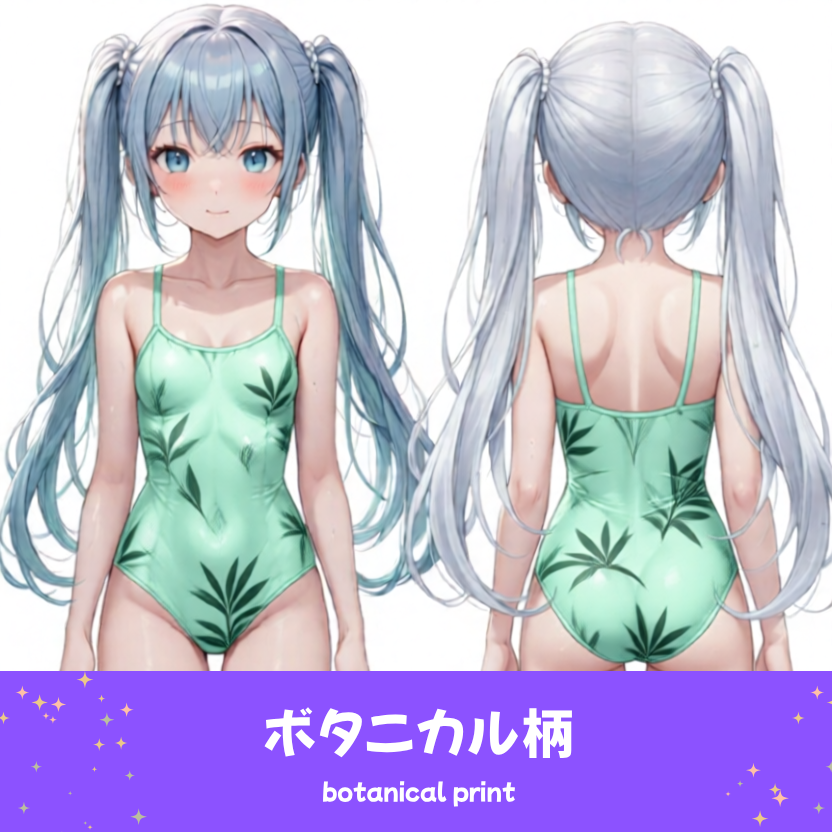 自然を感じるボタニカル柄の水着を着た「さみさん」のAIイラスト。爽やかで上品な印象の水着デザインを表現した、AIイラスト用の水着プロンプト例の参考画像。