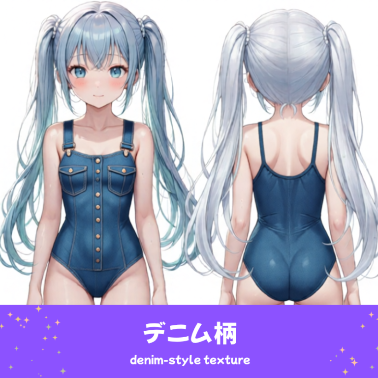 カジュアルなデニム風柄の水着を着た「さみさん」のAIイラスト。ラフで親しみやすい印象の水着デザインを表現した、AIイラスト用の水着プロンプト例の参考画像。