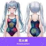 華やかな花火柄の水着を着た「さみさん」のAIイラスト。夏の夜を思わせる印象的な水着デザインを表現した、AIイラスト用の水着プロンプト例の参考画像。