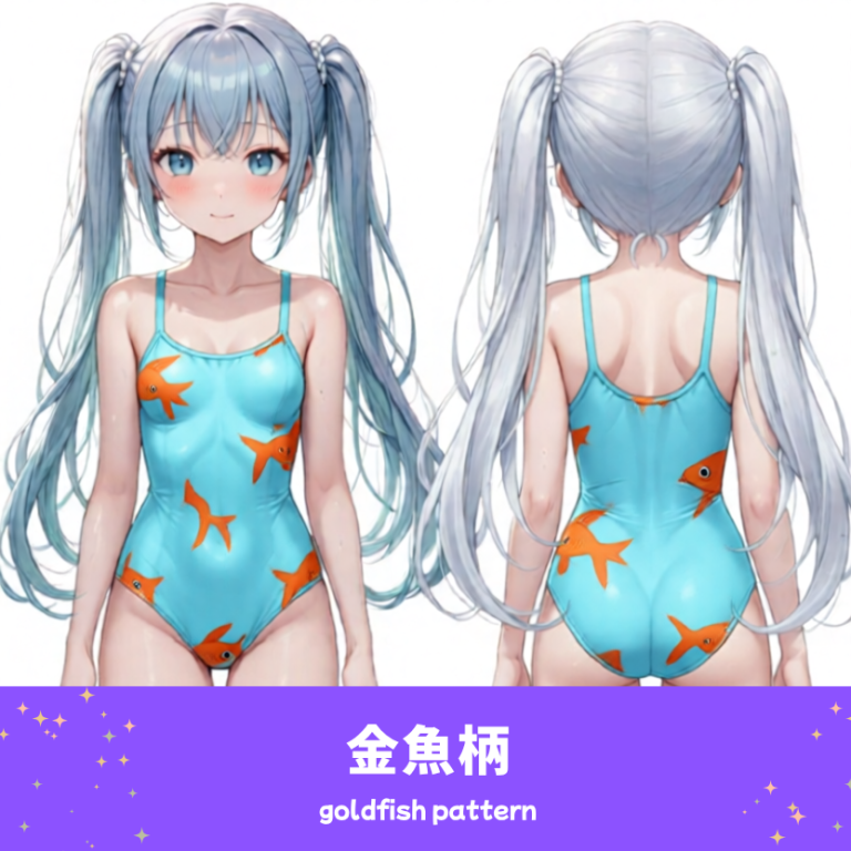 和風で華やかな金魚柄の水着を着た「さみさん」のAIイラスト。夏祭りのような風情を感じる水着デザインを表現した、AIイラスト用の水着プロンプト例の参考画像。