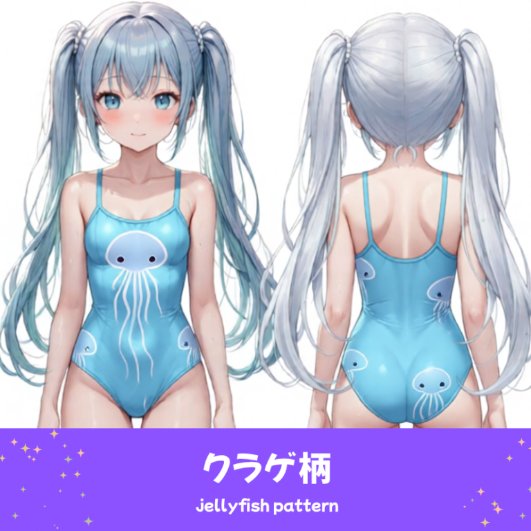 幻想的なクラゲ柄の水着を着た「さみさん」のAIイラスト。海を感じる神秘的な印象の水着デザインを表現した、AIイラスト用の水着プロンプト例の参考画像。