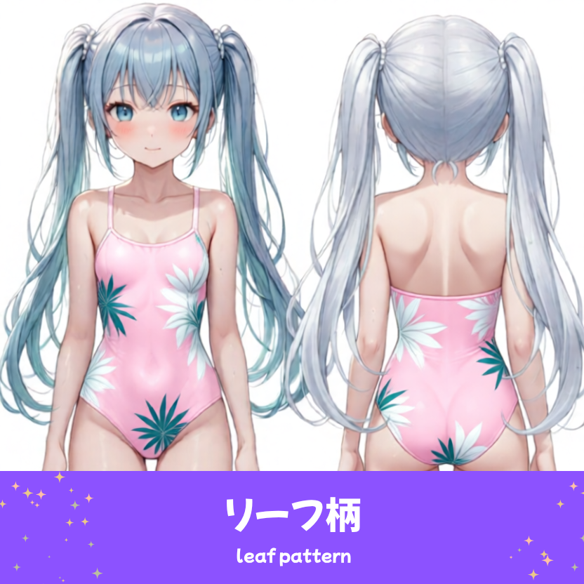 ナチュラルなリーフ柄の水着を着た「さみさん」のAIイラスト。涼しげで落ち着いた印象の水着デザインを表現した、AIイラスト用の水着プロンプト例の参考画像。