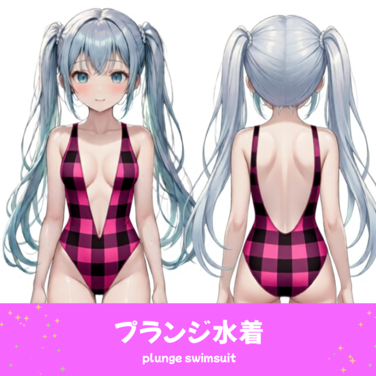 AIイラストで描かれた、可愛いピンクと黒のギンガムチェック柄のプランジ水着。魅力的なビーチファッションのプロンプト構成案を紹介する技術資料。下部のラベルに水着の名称とプロンプトを表示しデザインアーカイブであることを示している。