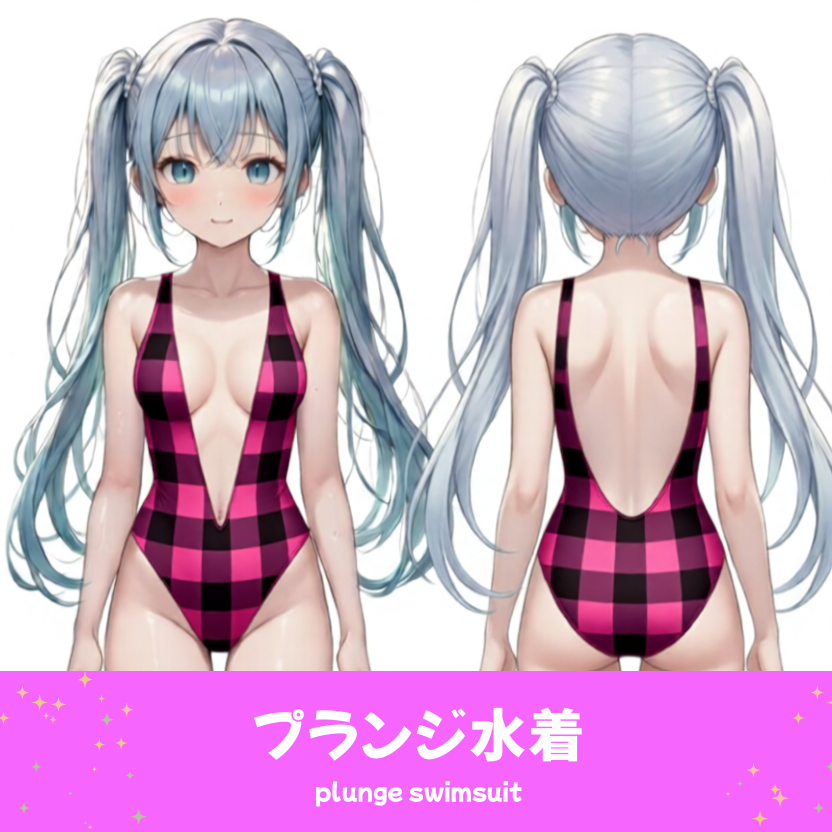 AIイラストで描かれた、可愛いピンクと黒のギンガムチェック柄のプランジ水着。魅力的なビーチファッションのプロンプト構成案を紹介する技術資料。下部のラベルに水着の名称とプロンプトを表示しデザインアーカイブであることを示している。