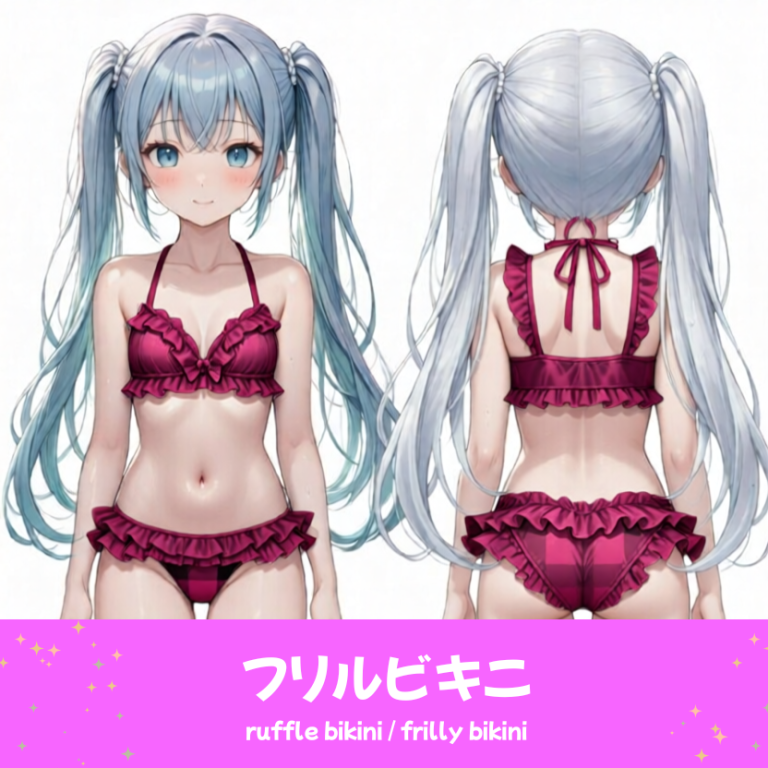 AIイラストで描かれた、可愛いピンクと黒のギンガムチェック柄のフリルビキニ（水着）。魅力的なビーチファッションのプロンプト構成案を紹介する技術資料。下部のラベルに水着の名称とプロンプトを表示しデザインアーカイブであることを示している。