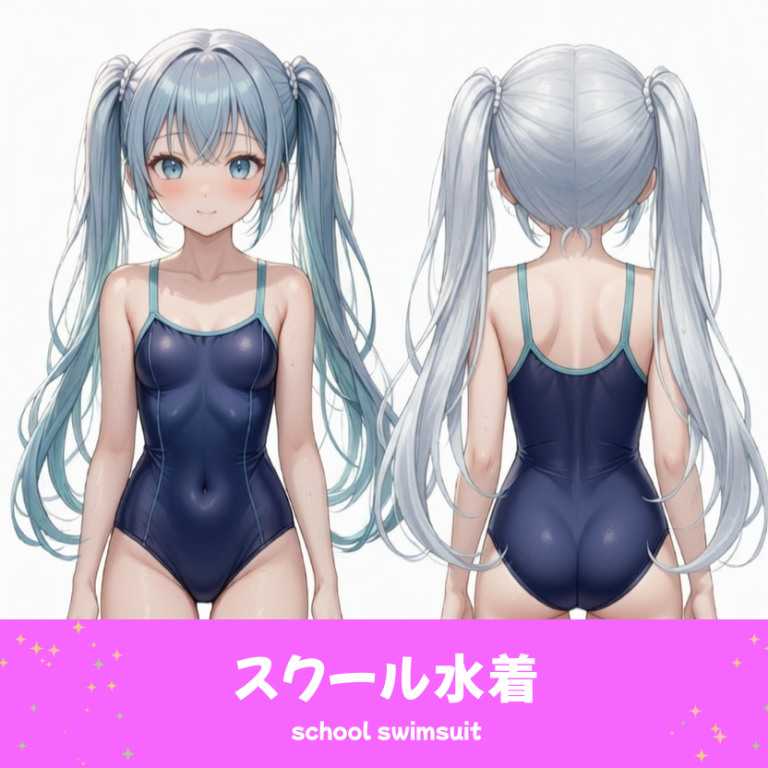 AIイラストで描かれた、シンプルなスクール水着。魅力的なプールファッションのプロンプト構成案を紹介する技術資料。下部のラベルに水着の名称とプロンプトを表示しデザインアーカイブであることを示している。