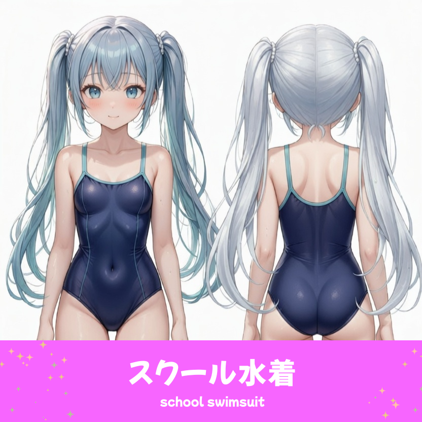 AIイラストで描かれた、シンプルなスクール水着。魅力的なプールファッションのプロンプト構成案を紹介する技術資料。下部のラベルに水着の名称とプロンプトを表示しデザインアーカイブであることを示している。