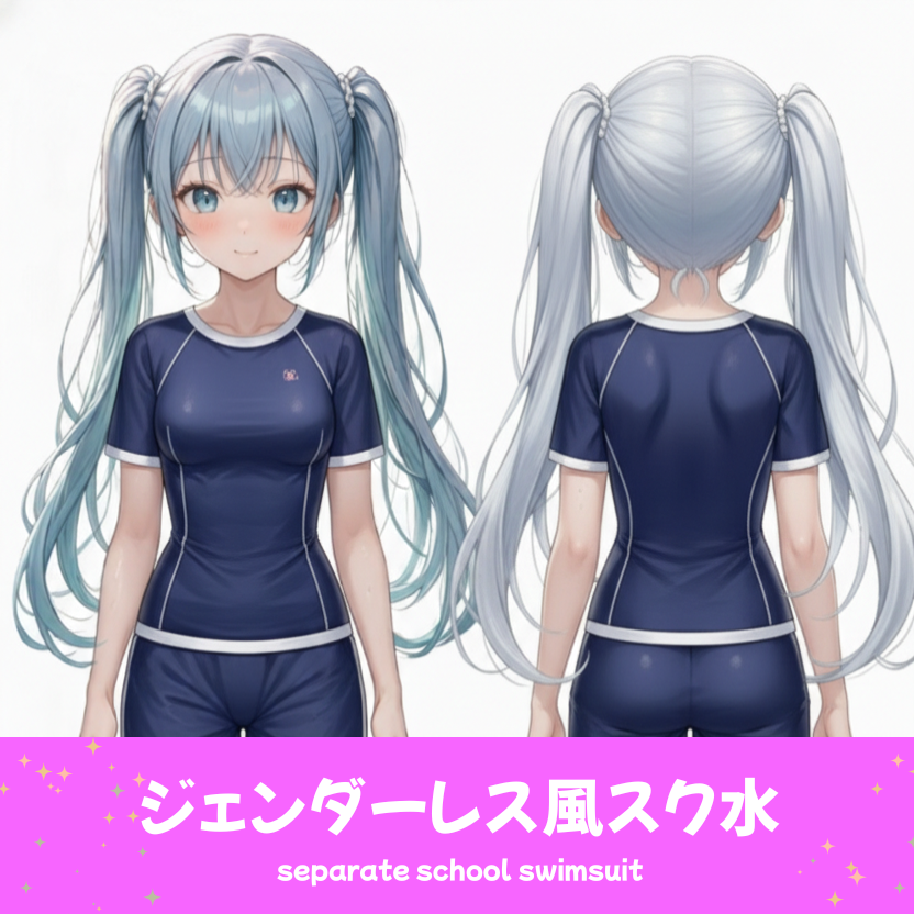 AIイラストで描かれた、シンプルなジェンダーレス風スク水。魅力的なプールファッションのプロンプト構成案を紹介する技術資料。下部のラベルに水着の名称とプロンプトを表示しデザインアーカイブであることを示している。