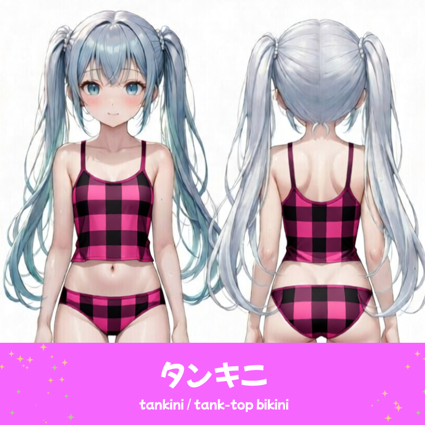 AIイラストで描かれた、可愛いピンクと黒のギンガムチェック柄のタンキニ（水着）。魅力的なビーチファッションのプロンプト構成案を紹介する技術資料。下部のラベルに水着の名称とプロンプトを表示しデザインアーカイブであることを示している。