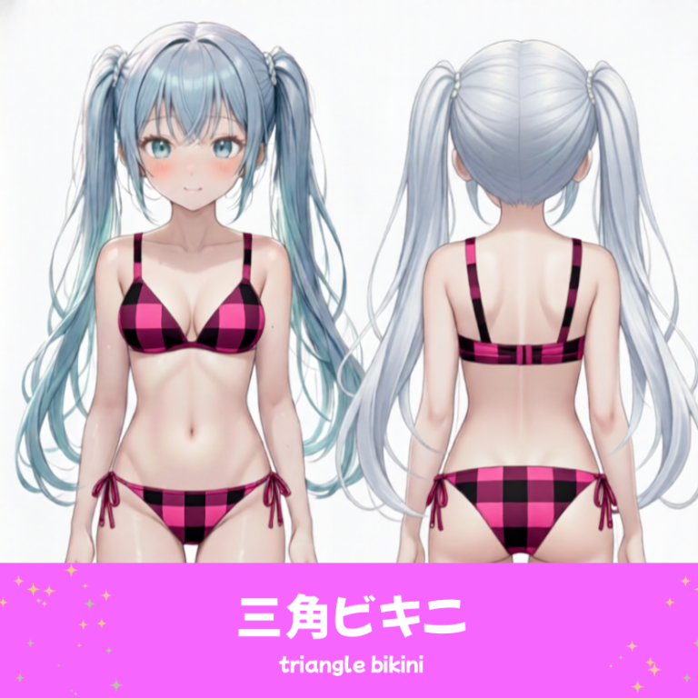 AIイラストで描かれた、可愛いピンクと黒のギンガムチェック柄の三角ビキニ（水着）。魅力的なビーチファッションのプロンプト構成案を紹介する技術資料。下部のラベルに水着の名称とプロンプトを表示しデザインアーカイブであることを示している。