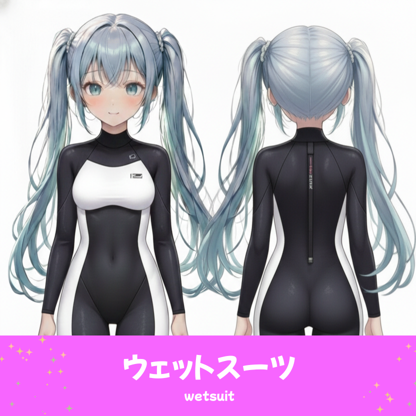 AIイラストで描かれた、シンプルな白と黒のウェットスーツ（水着）。魅力的なビーチファッションのプロンプト構成案を紹介する技術資料。下部のラベルに水着の名称とプロンプトを表示しデザインアーカイブであることを示している。