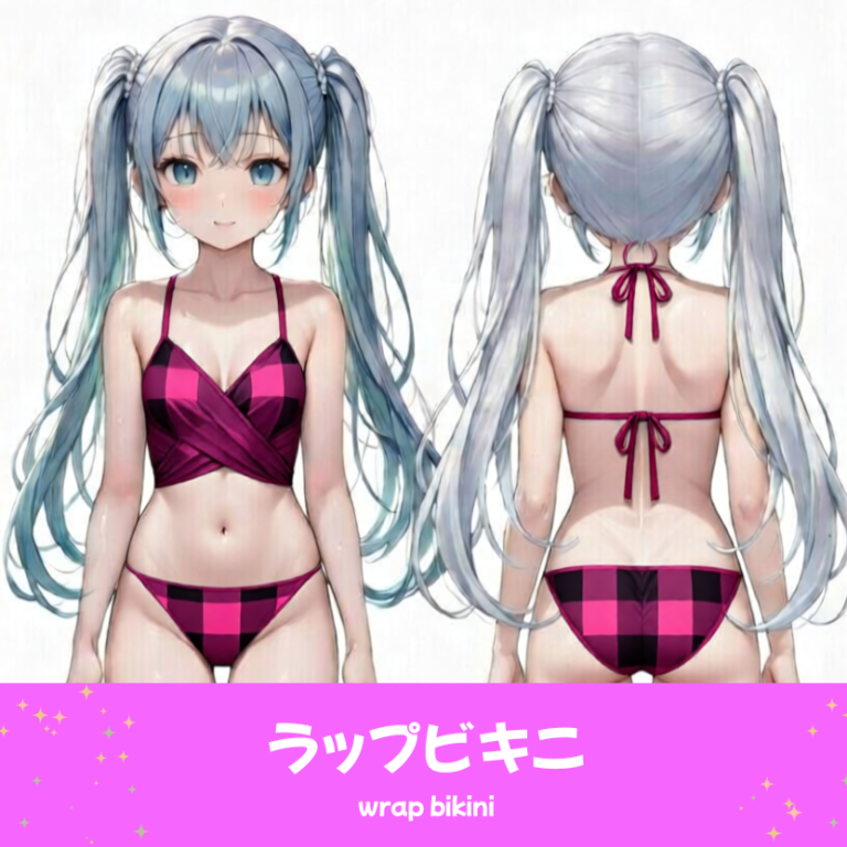 AIイラストで描かれた、可愛いピンクと黒のギンガムチェック柄のラップビキニ（水着）。魅力的なビーチファッションのプロンプト構成案を紹介する技術資料。下部のラベルに水着の名称とプロンプトを表示しデザインアーカイブであることを示している。