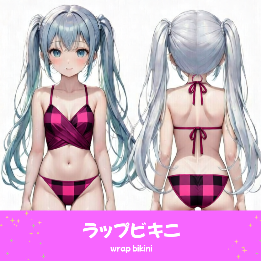 AIイラストで描かれた、可愛いピンクと黒のギンガムチェック柄のラップビキニ（水着）。魅力的なビーチファッションのプロンプト構成案を紹介する技術資料。下部のラベルに水着の名称とプロンプトを表示しデザインアーカイブであることを示している。