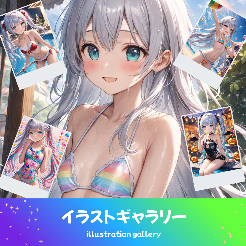 AIイラストで生成した様々な形の水着のイラストギャラリー（ビキニ、スク水、ワンピース）の形状別まとめ。生成用プロンプトの比較・紹介用アイキャッチ画像。