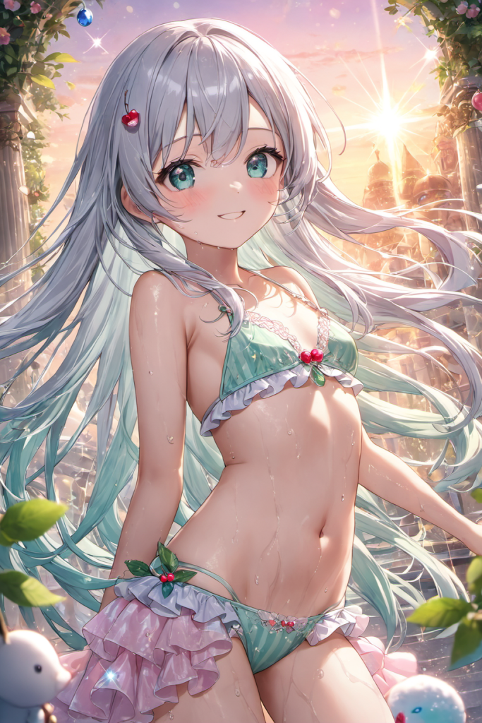 緑豊かな庭園で、サクランボのチャームがついたパステルグリーンの縦縞フリルビキニを着用し、眩い夕日を背にと微笑む銀髪の「さみさん」。